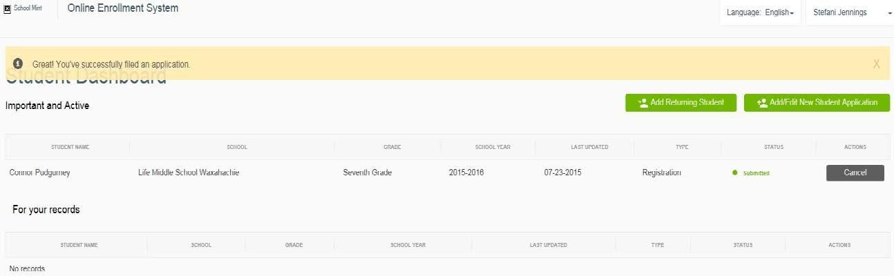 student dashboard success