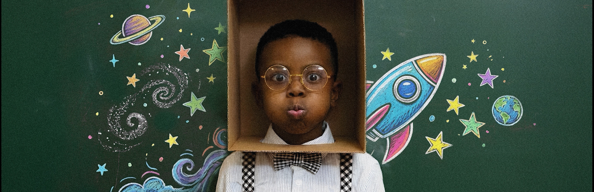 Boy with box & spaceships